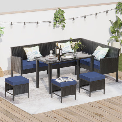 7 Piece Outdoor Furniture Set Waterproof Cushions Glass Table Space Saving - Blue