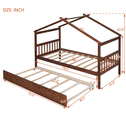 Twin Size House Bed With Twin Size Trundle - Walnut
