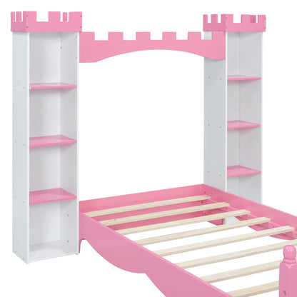 Castle Shaped Bed With Storage Shelf, Dreamy Twin Size Platform Bed For Kids Bedroom - White / Pink