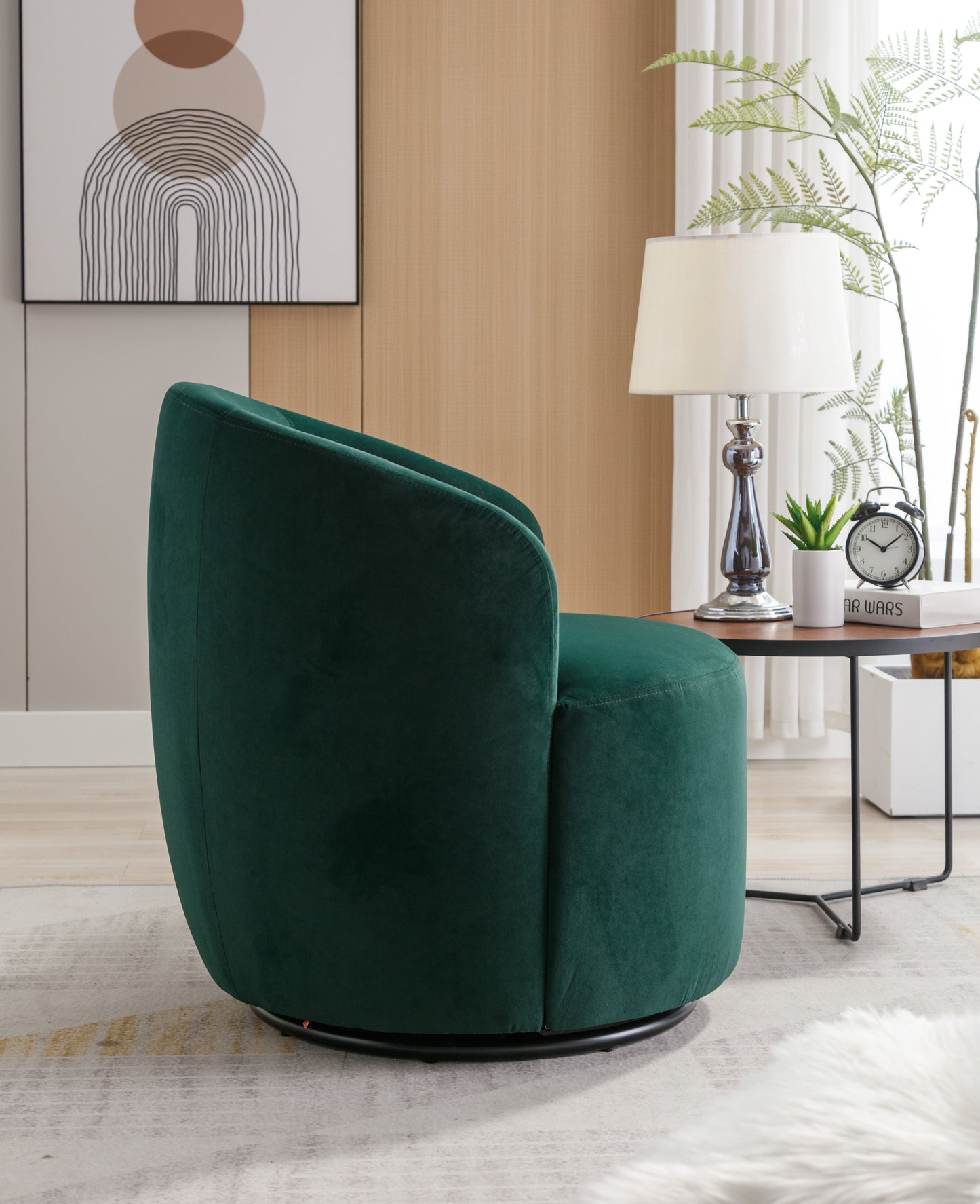 Velvet Fabric Swivel Accent Armchair Barrel Chair With Black Powder Coating Metal Ring - Green