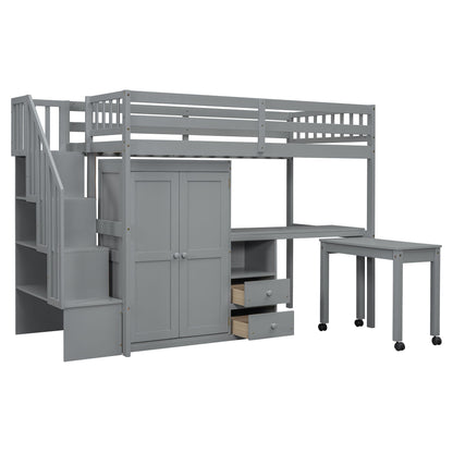 Twin Size Loft Bed With Stairs, Bookshelf, Drawers, Desk & Wardrobe, Space Saving Multifunctional Furniture - Gray