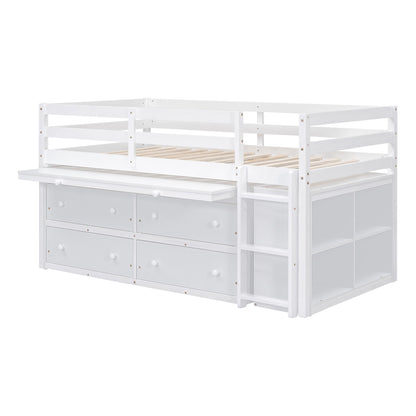 Twin Size Loft Bed With Retractable Writing Desk And 4 Drawers, With Lateral Portable Desk And Shelves - White