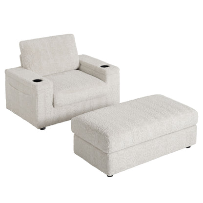 Oversized Chaise Lounge Indoor Rabbit Fur Sofa Bed With Storage Ottoman And Armrests Cup Holders With Deep Seat - Beige