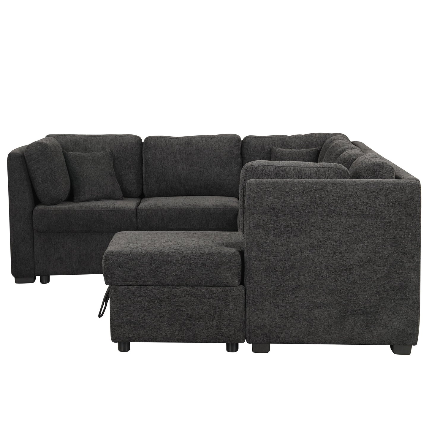 U-Shaped Sectional Sofa Pull Out Sofa Bed With Two USB Ports, Two Power Sockets, Three Back Pillows And A Storage Chaise For Living Room - Black