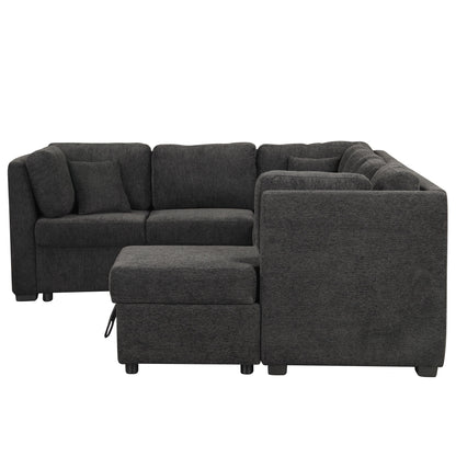 U-Shaped Sectional Sofa Pull Out Sofa Bed With Two USB Ports, Two Power Sockets, Three Back Pillows And A Storage Chaise For Living Room - Black