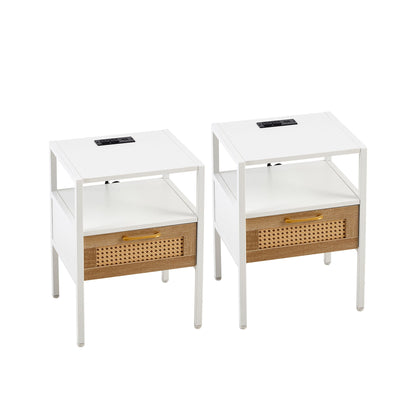 Rattan End Table With Power Outlet & USB Ports, Modern Nightstand With Drawer And Metal Legs, Side Table For Living Room, Bedroom (Set of 2) - White