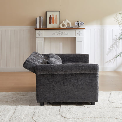 3 In 1 Loveseat Sofa Bed Chenille Fabric Pull Out Couch Sleeper Full Back Frame, Seat Frame, Armrests & 2 Pillows - Dark Gray