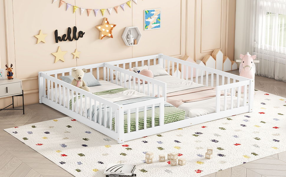 Double Twin Floor Bed With Fence, Guardrails, Without Door - White