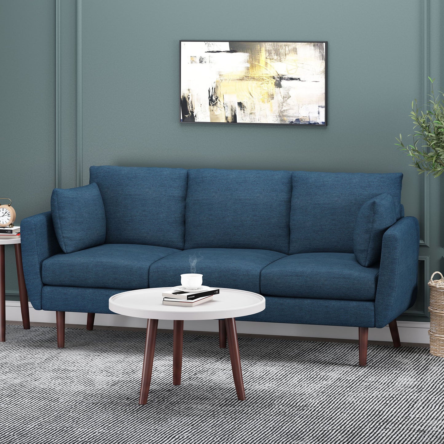 Diaphanous - Upholstered 3 Seater Sofa With 2 Accent Pillows And Wood Legs - Navy Blue