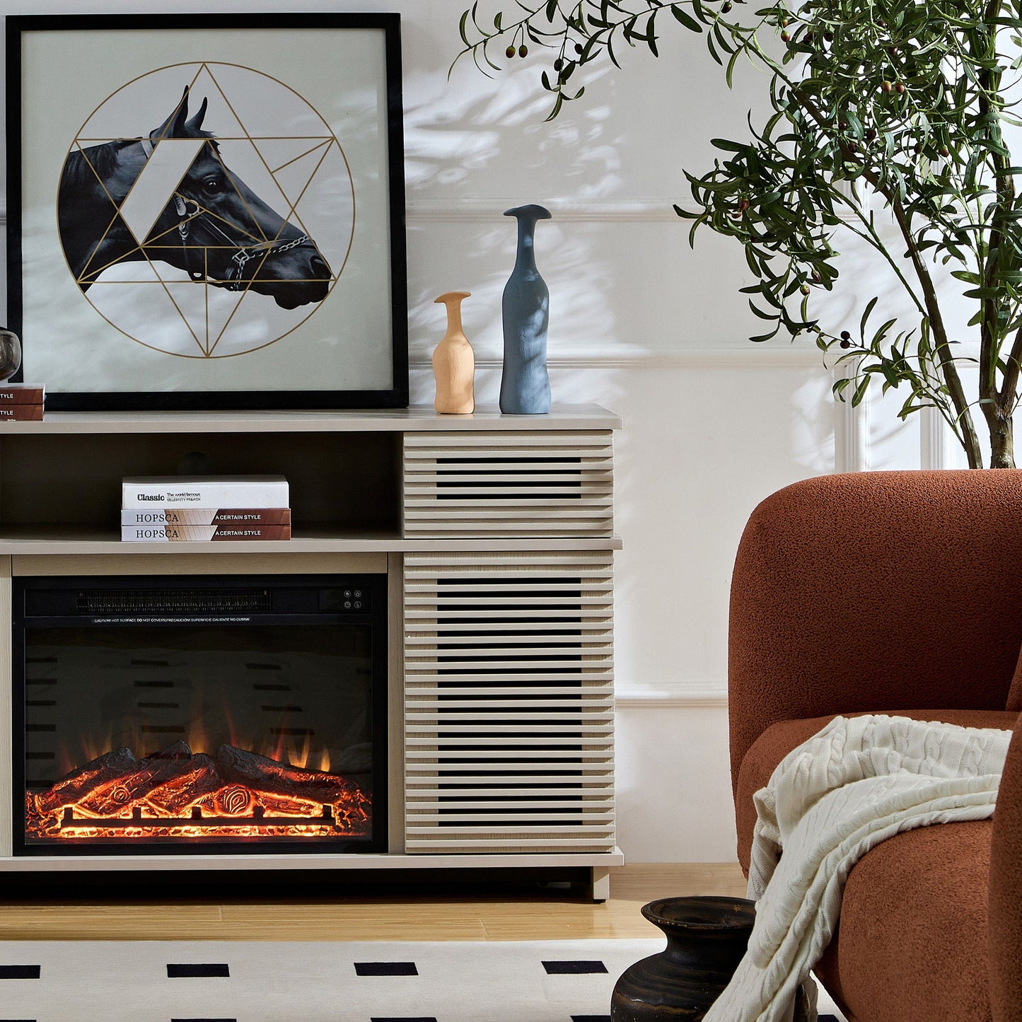 Modern Solid Wood Cabinet With Adjustable Shelves And Remote-Controlled Fireplace - Light Gray