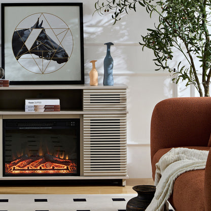 Modern Solid Wood Cabinet With Adjustable Shelves And Remote-Controlled Fireplace - Light Gray