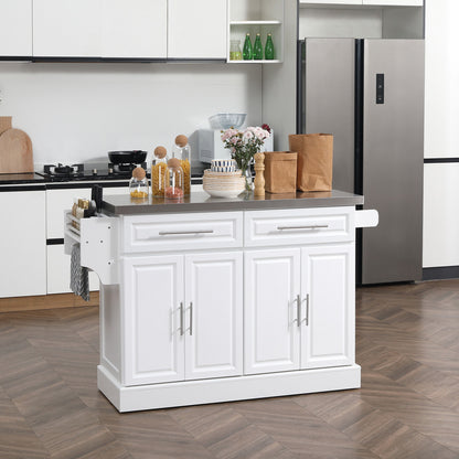 Homcom - Rolling Kitchen Island With Storage, Portable Kitchen Cart With Stainless Steel Top, 2 Drawers, Spice, Knife And Towel Rack And Cabinets - White