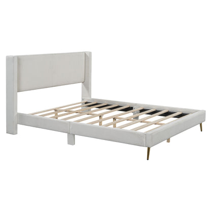 Queen Size Platform Bed With Legs, Frame And Tufted Headboard - Beige