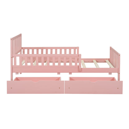 Twin Size Platform Bed With Guardrails On Both Sides And 2 Storage Drawers - Pink