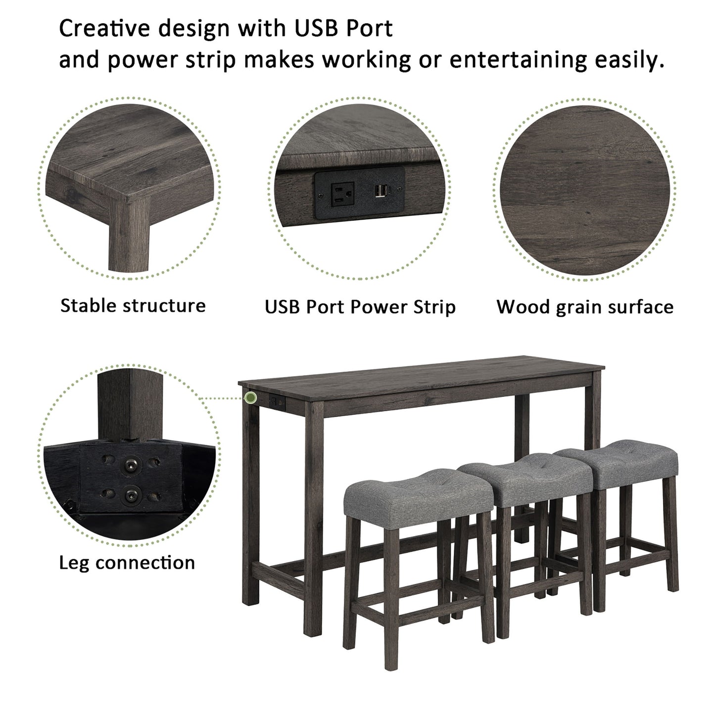 4 Piece Bar Table Set With Power Outlet, Bar Table Set With Chairs, Sofa Bar Table With Stools, Behind Couch Table With 3 Padded Stools, For Living Room, Dining Room - Dark Gray