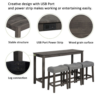4 Piece Bar Table Set With Power Outlet, Bar Table Set With Chairs, Sofa Bar Table With Stools, Behind Couch Table With 3 Padded Stools, For Living Room, Dining Room - Dark Gray