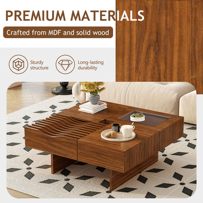 Mid Century Modern Coffee Table, Unique Square Wooden Coffee Table With 3 Drawers, Tempered Glass And Solid Wood Legs For Living Room - Brown