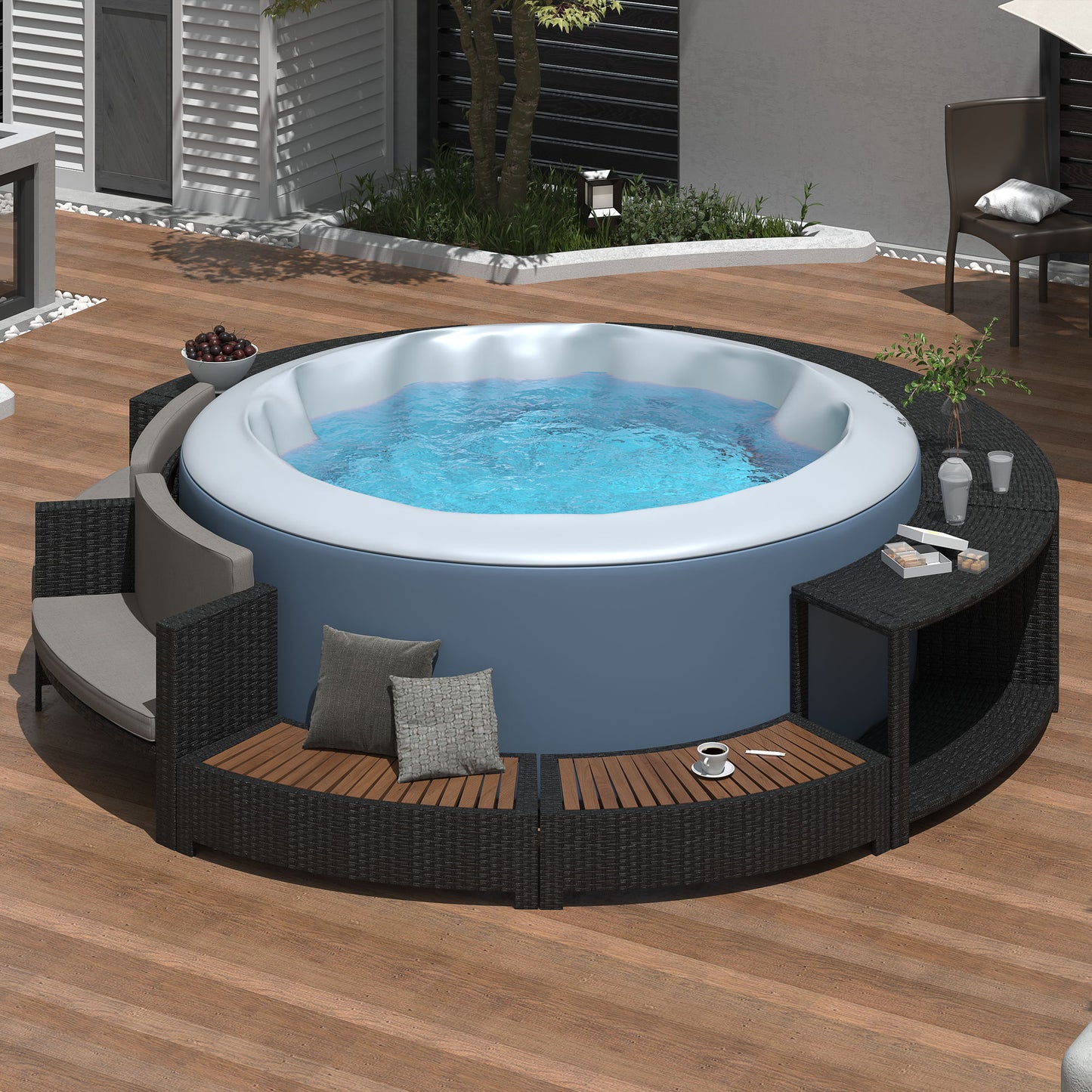 Spa Surround Spa Frame Patio Rattan Sofa Set With Storage Spaces, Mini Sofa And Comfortable Cushion For Patio, Backyard - Gray