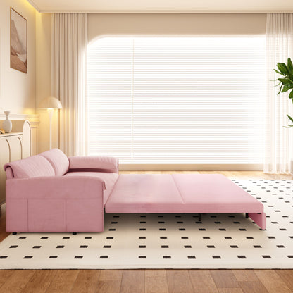 Queen Pull Out Sofa Bed, 3 In 1 Convertible Sleeper Sofa With Side Storage Multifunctional Velvet Loveseat Bed For Living Room - Pink