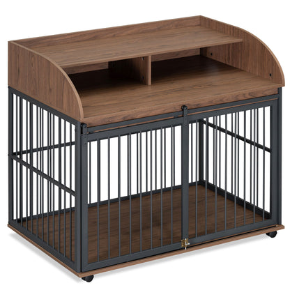 Heavy Duty Large Dog Crate Furniture For Large Medium Dog With Lockable Wheels, Wooden Dog Crate Dog Kennel, End Table Crate With Double Layer Storage - Brown