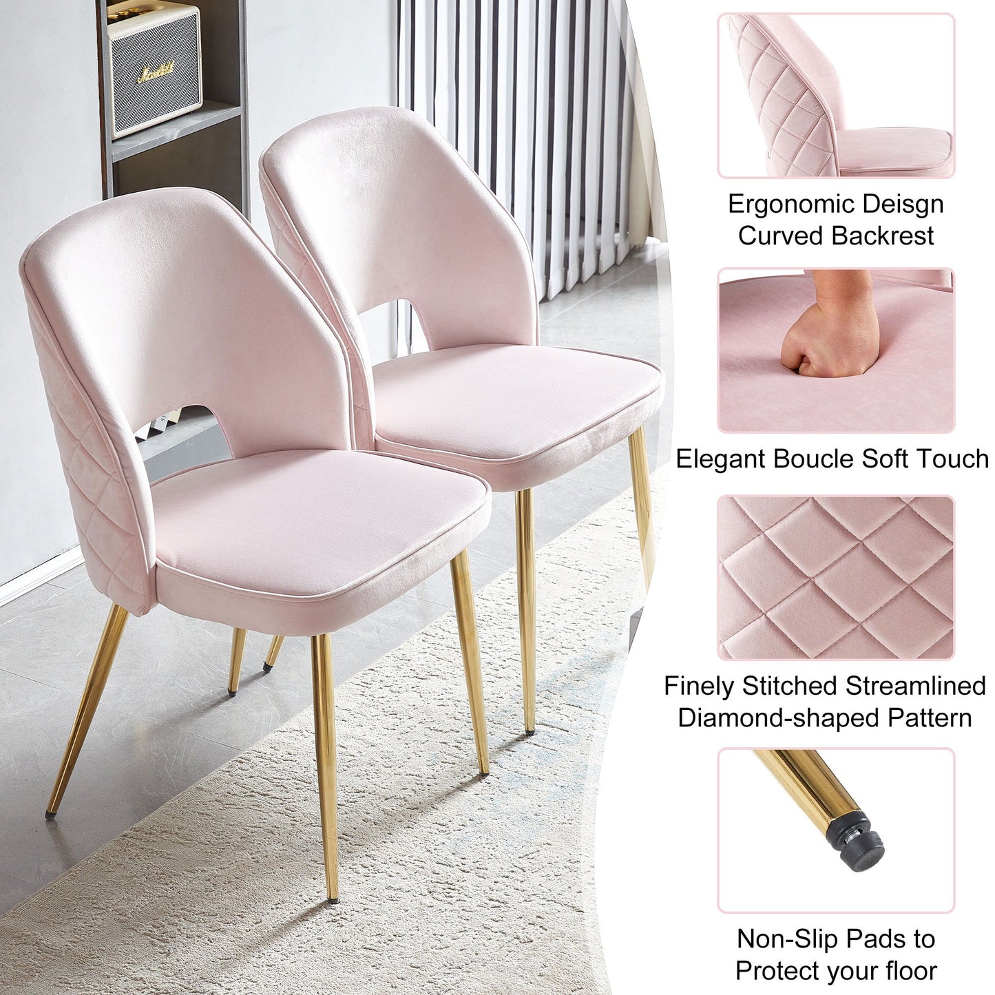 Velvet Dining Chairs With Metal Legs And Hollow Back Upholstered Dining Chairs (Set of 4) - Pink