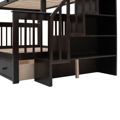 Twin Over Full Stairway Bunk Bed With Drawer, Storage And Guard Rail For Bedroom - Espresso