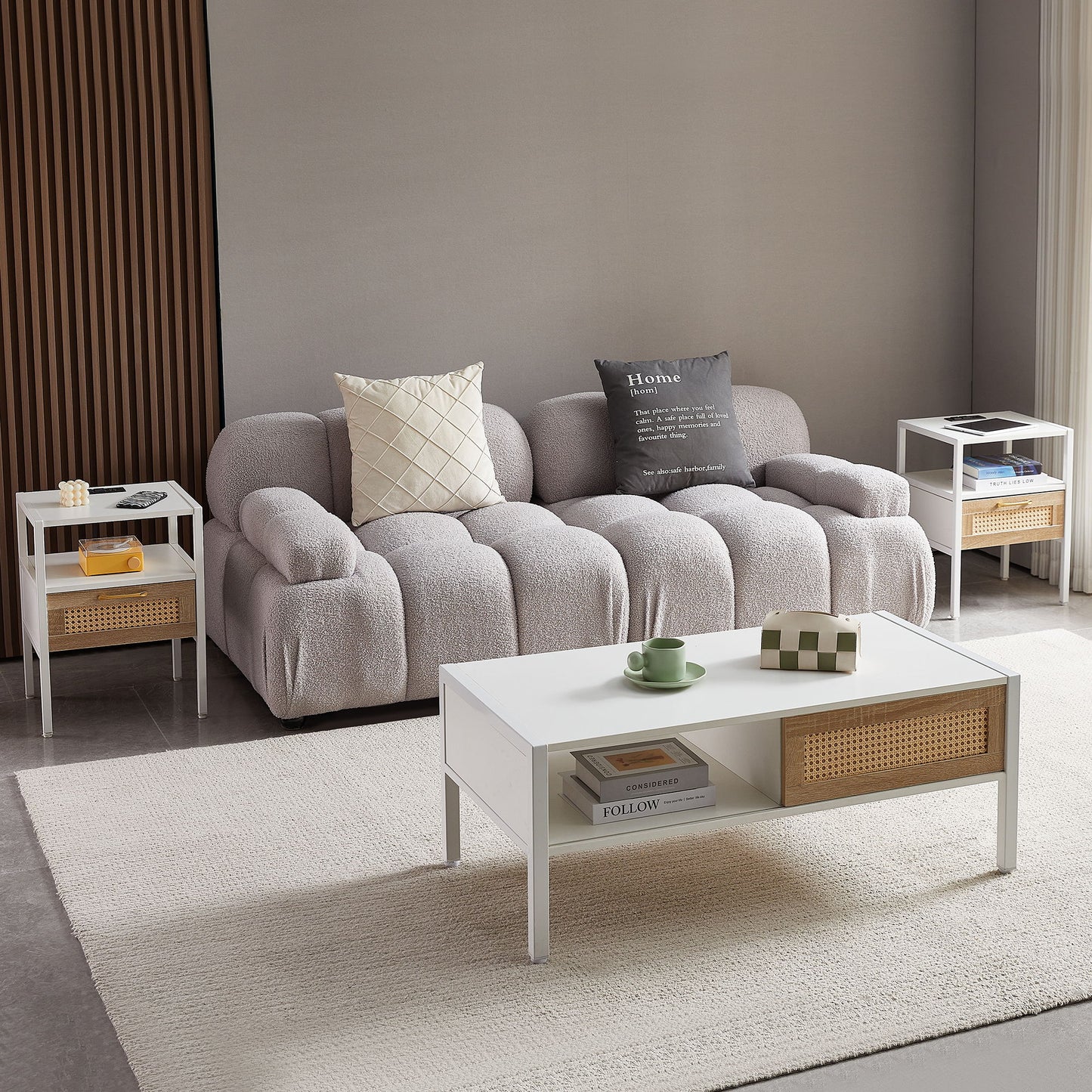 Rattan End Table With Power Outlet & USB Ports, Modern Nightstand With Drawer And Metal Legs, Side Table For Living Room, Bedroom (Set of 2) - White