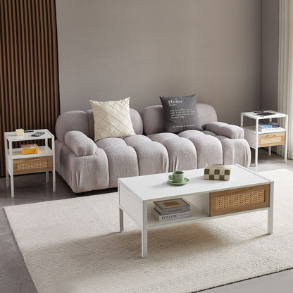 Rattan End Table With Power Outlet & USB Ports, Modern Nightstand With Drawer And Metal Legs, Side Table For Living Room, Bedroom (Set of 2) - White
