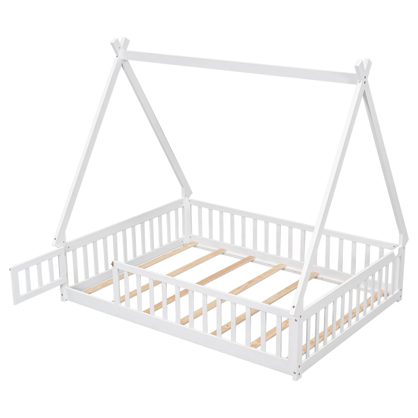 Full Tent-Shaped Floor Bed, With Guardrails, Slats, Door - White