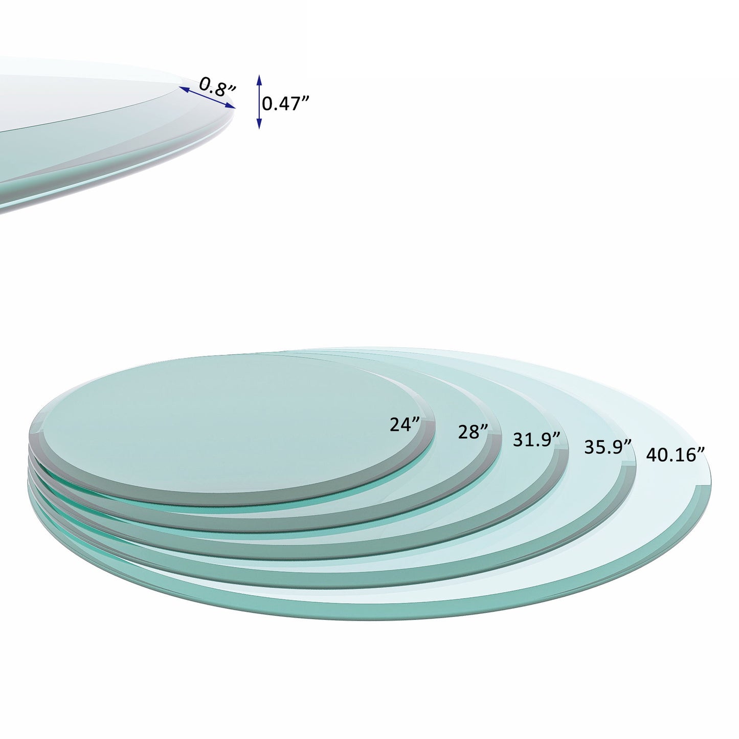 36" Round Tempered Glass Table Top Clear Glass 1 / 2" Thick Beveled Polished Edge - Transparent