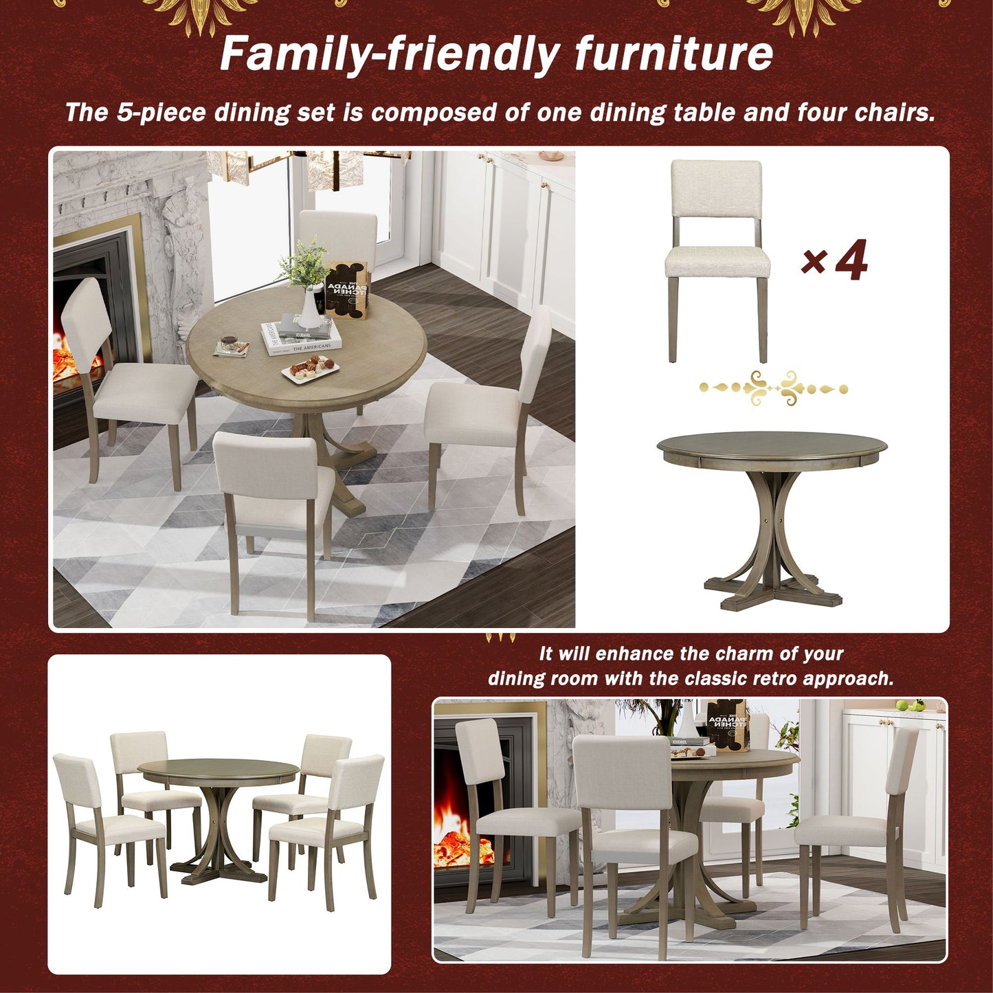 5 Piece Retro Round Dining Table Set With Curved Trestle Style Table Legs And 4 Upholstered Chairs For Dining Room - Taupe