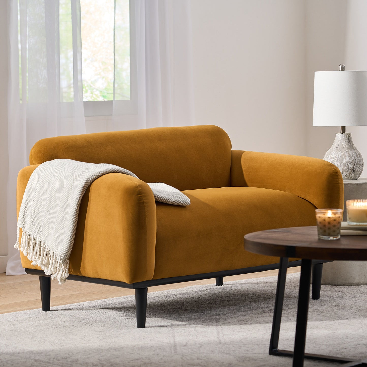 Sway - Upholstered Loveseat With Wood Legs And Round Arms - Yellow