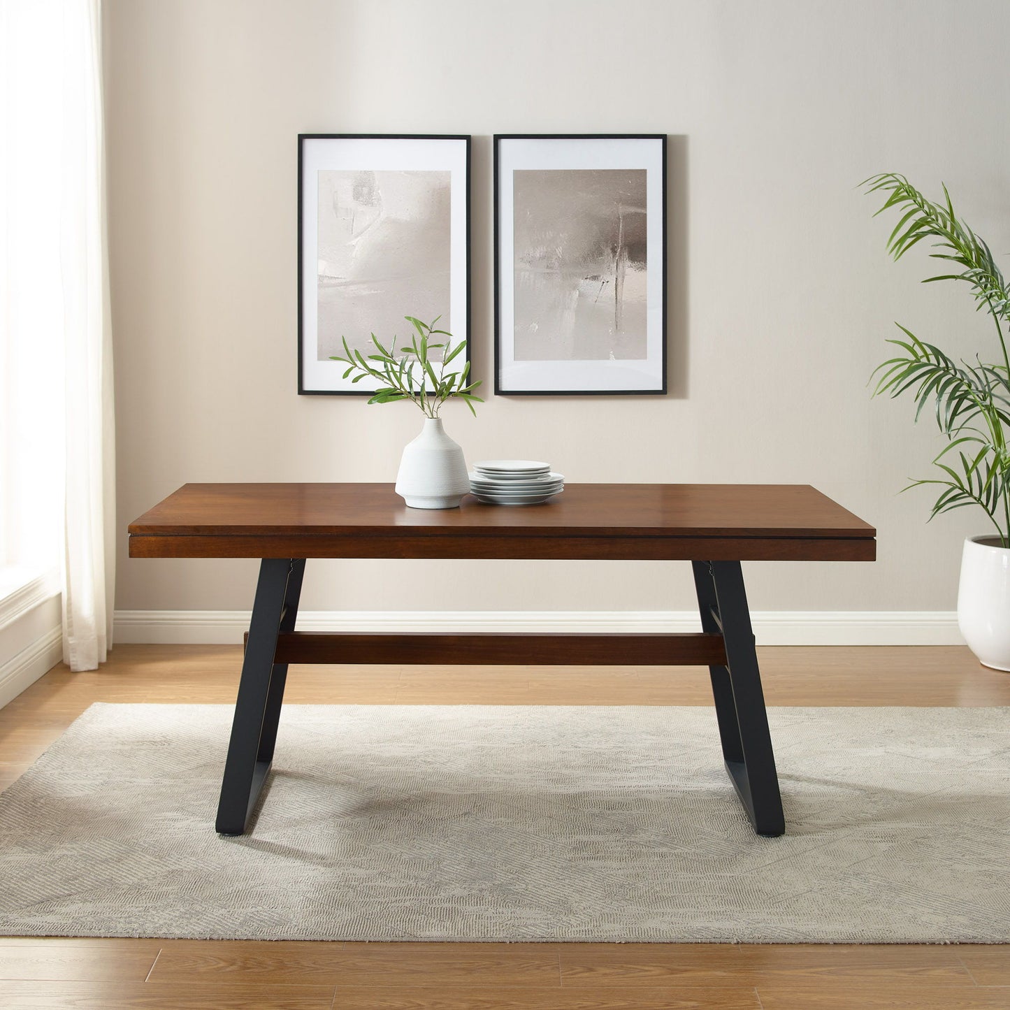 Modern Industrial Large Dining Table - Dark Walnut
