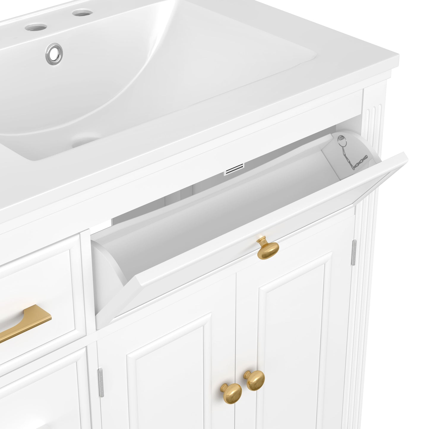 Modern Bathroom Vanity With Ceramic Sink, Freestanding, One Tip - Out Drawer, 3 Side Drawers, Adjustable Shelf - White