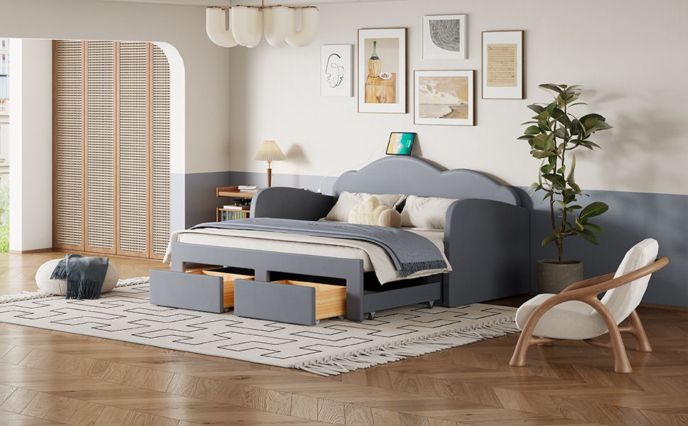 Twin Size Upholstered Daybed With Cloud-Shaped Backrest, Trundle & 2 Drawers And USB Ports - Gray