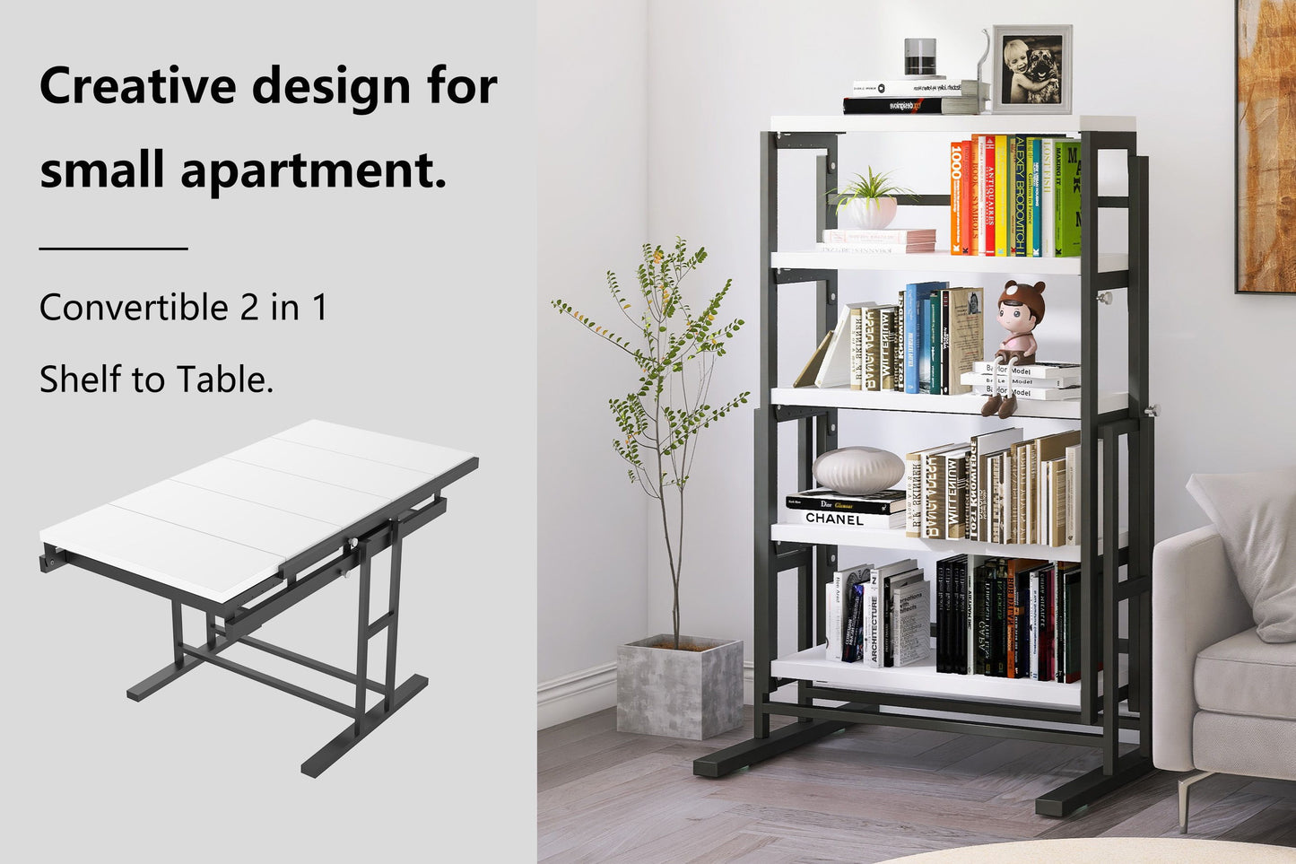 Solid Mahogany Wood Multifunction Convertible Dining Table, Free Switch Space Saving Table Shelf For Home And Studio - White