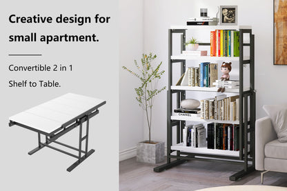 Solid Mahogany Wood Multifunction Convertible Dining Table, Free Switch Space Saving Table Shelf For Home And Studio - White