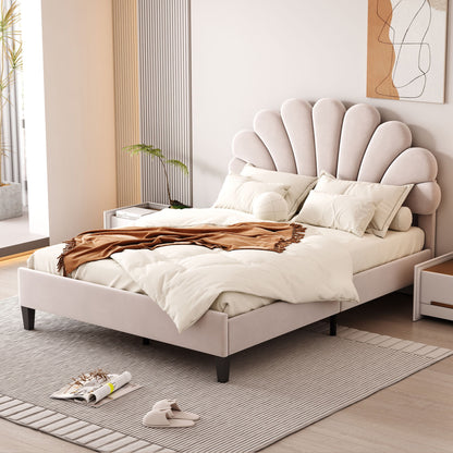 Full Size Upholstered Platform Bed With Flower Pattern Headboard - Beige