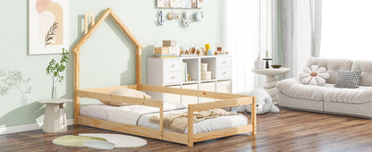 Twin Size Wood Bed With House Shaped Headboard Floor Bed With Fences - Natural