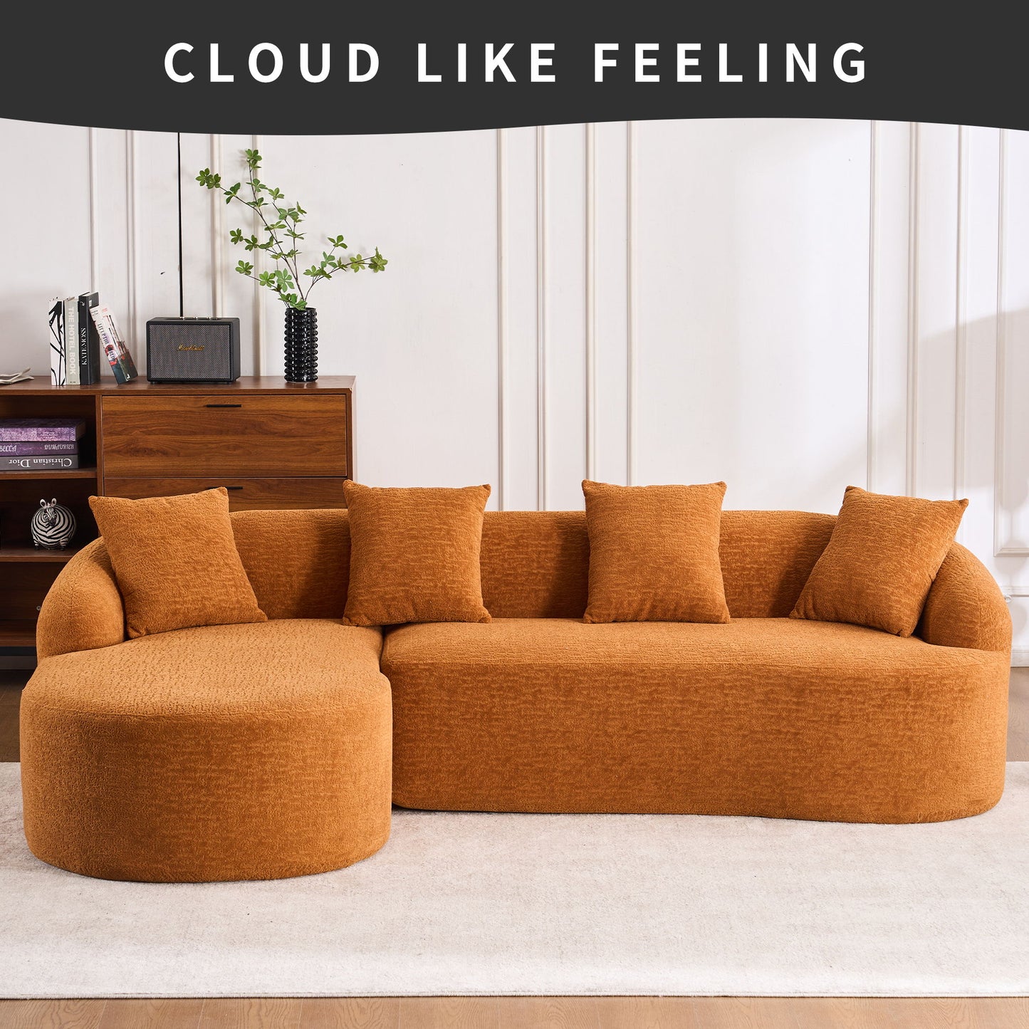 Compression Sofa: Combining Chaise Longue With 3 Seater, Wood Grain Chenille Fabric, Full Sponge Compression Sofa, Combined Sofa With 4 Pillows For Living / Home Furniture / Apartment - Orange