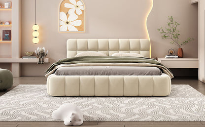 Queen Size Upholstered Platform Bed With Thick, Grounded Bed With Solid Frame - Beige