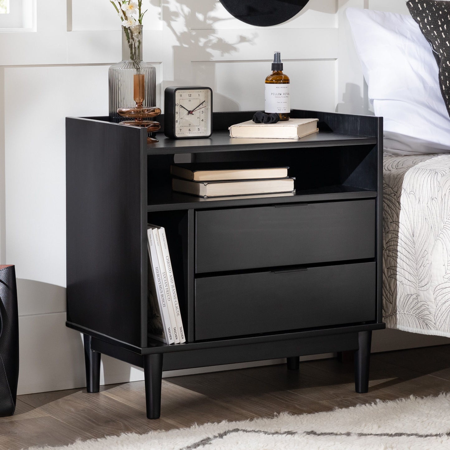 Mid-Century Modern Solid Wood 2 Drawer Gallery Nightstand - Black