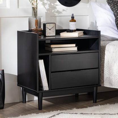 Mid-Century Modern Solid Wood 2 Drawer Gallery Nightstand - Black