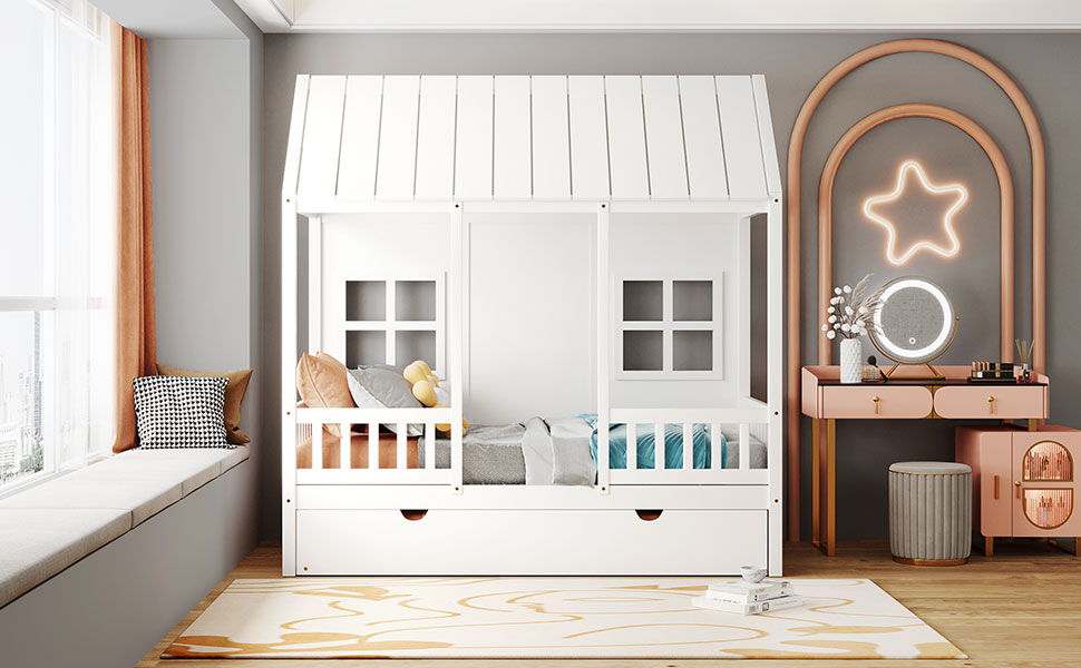 Twin Size House Bed With Twin Size Trundle, Daybed - White