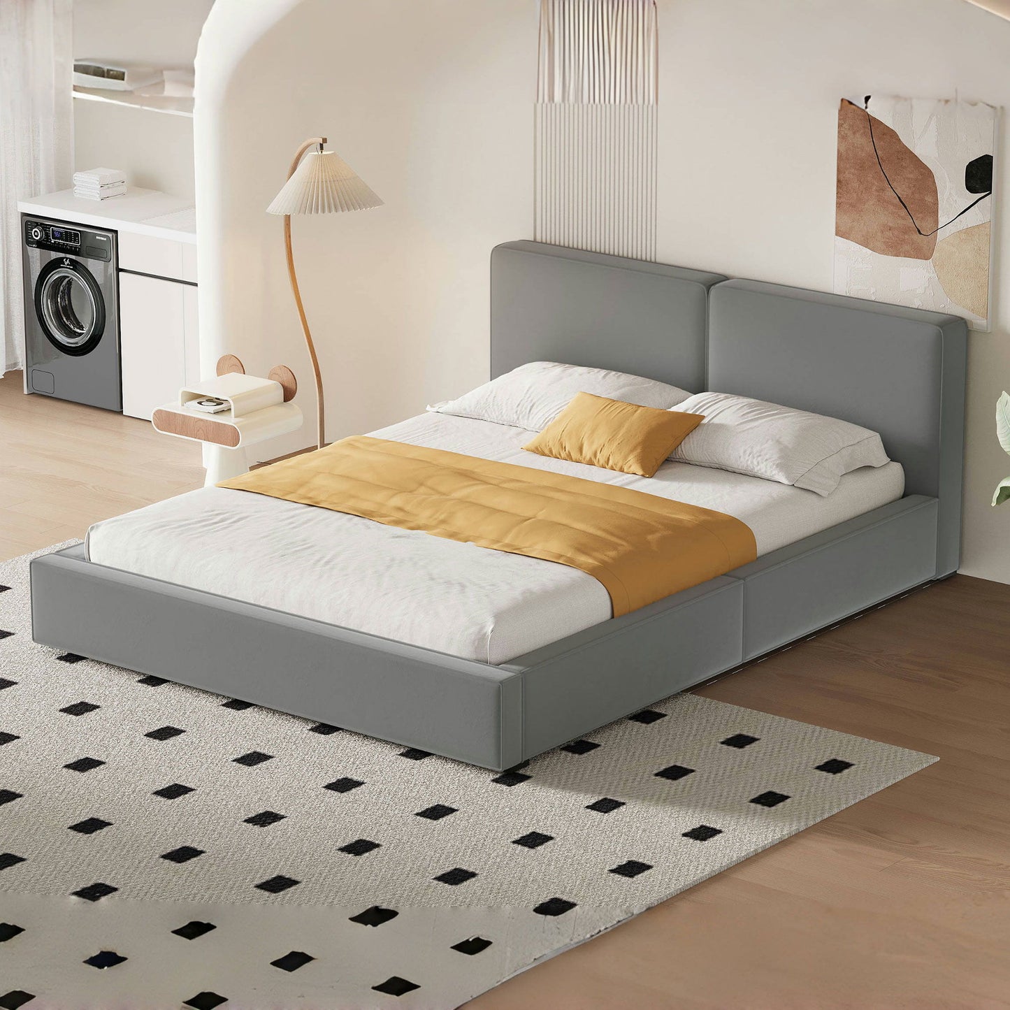 Queen Size Upholstered Platform Bed, Grounded Bed With Solid Frame - Gray