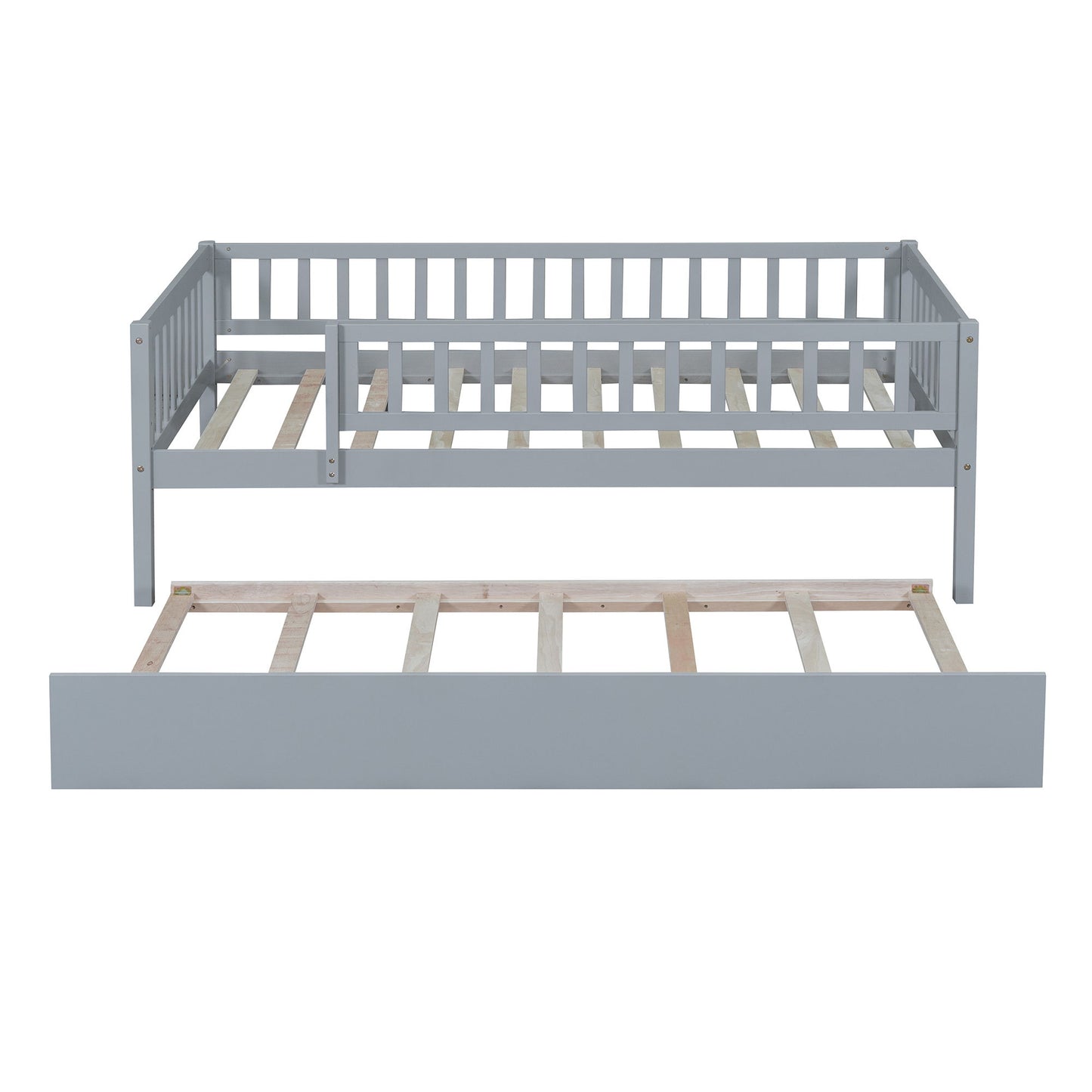 Twin Size Daybed With Trundle And Fence Guardrails - Gray
