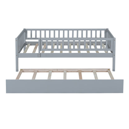 Twin Size Daybed With Trundle And Fence Guardrails - Gray