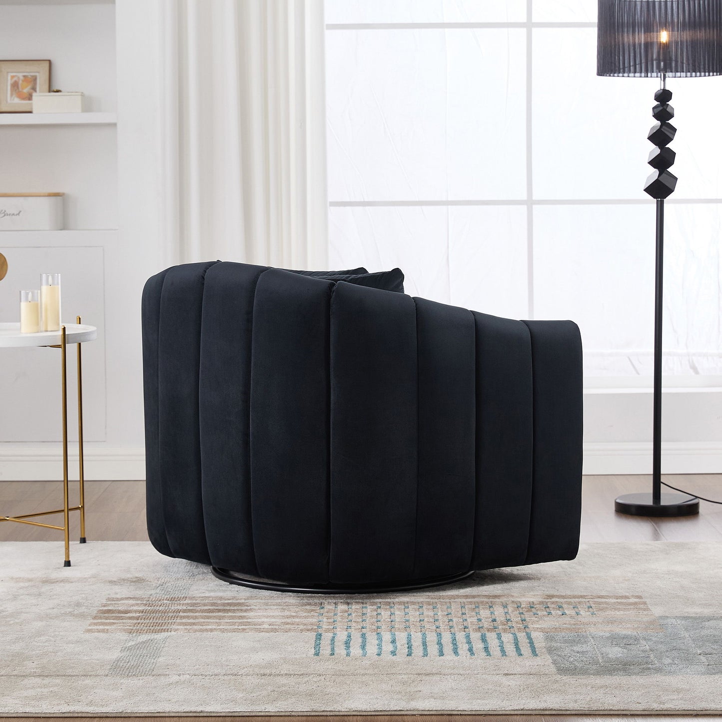 Upholstered Oversized 360 Degree Swivel Accent Barrel Chair And Half Cozy Sofa With 3 Pillows, Channel Tufted Pumpkin Shape Club Armchair For Living Room, Bedroom, Office, Lounge - Black