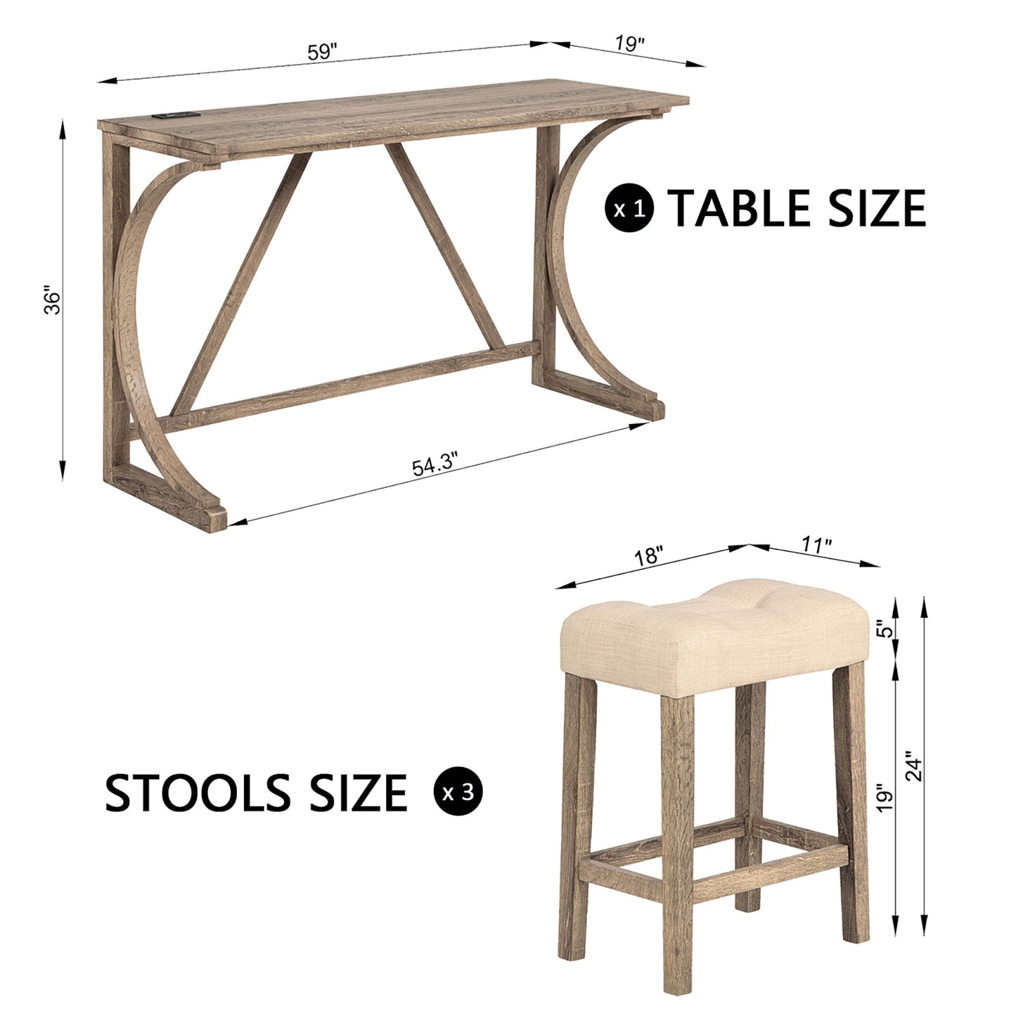 4 Piece Bar Table Set With Power Outlet, Dining Bar Table And Chairs Set, Bar Table Set With 3 Padded Stools For Living Room, Dining Room, Game Room - Brown