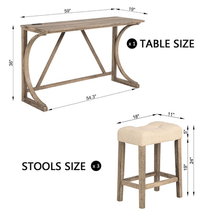 4 Piece Bar Table Set With Power Outlet, Dining Bar Table And Chairs Set, Bar Table Set With 3 Padded Stools For Living Room, Dining Room, Game Room - Brown